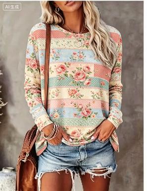 Printed Floral Shirt - Damska koszulka z długim rękawem, pastelowy