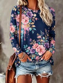 Printed Floral Shirt - Damska koszulka z kwiatowym nadrukiem, granatowa,