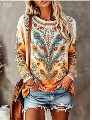 Printed Floral Shirt - Damska koszulka z długim rękawem, vintage,