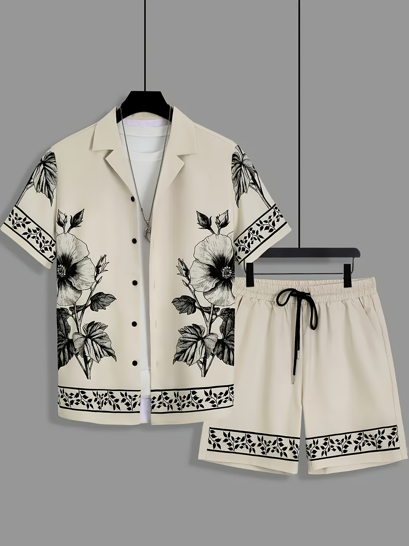 Printed Floral Shirt - Męski luźny dwuczęściowy zestaw: koszula z