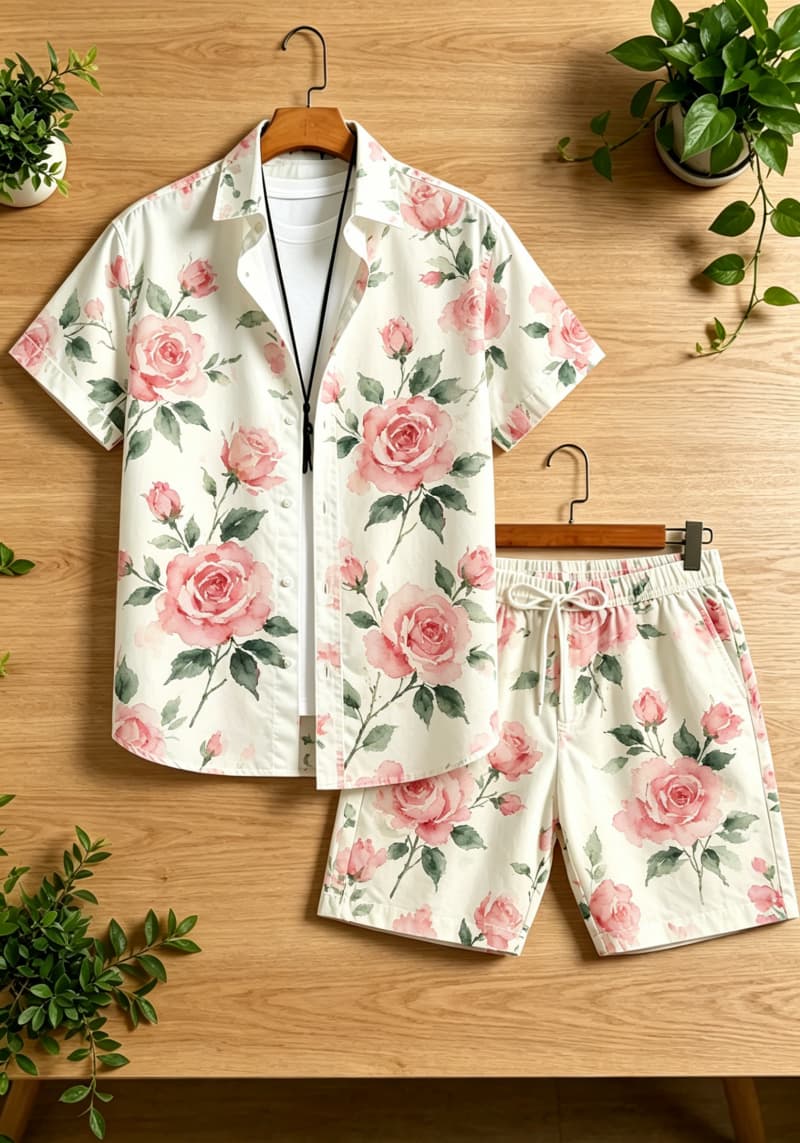 Printed Floral Shirt - Męski dwuczęściowy zestaw z kwiatowym wzorem