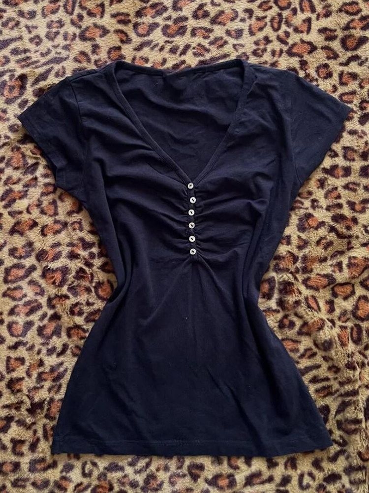 Vintage Fashion Korea - Koreańskie vintage ciemnoniebieskie koszulki damskie letnie