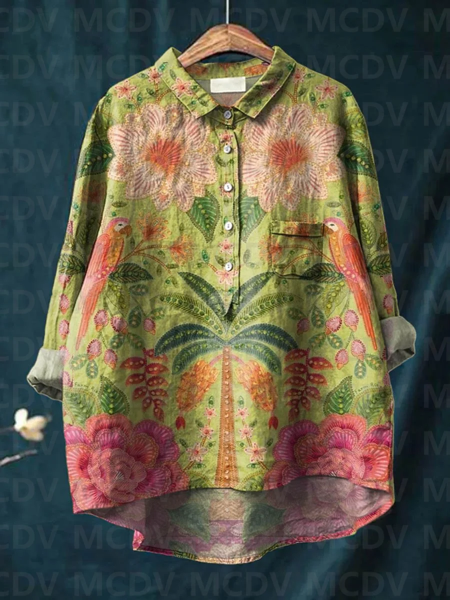 Printed Floral Shirt - Damska koszula z lnu w stylu